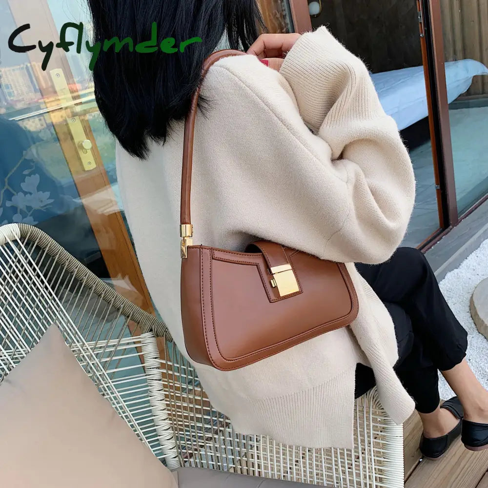 Cyflymder Solid Color Pu Leather Shoulder Bags For Women Hit Lock Handbags Small Travel Hand Bag