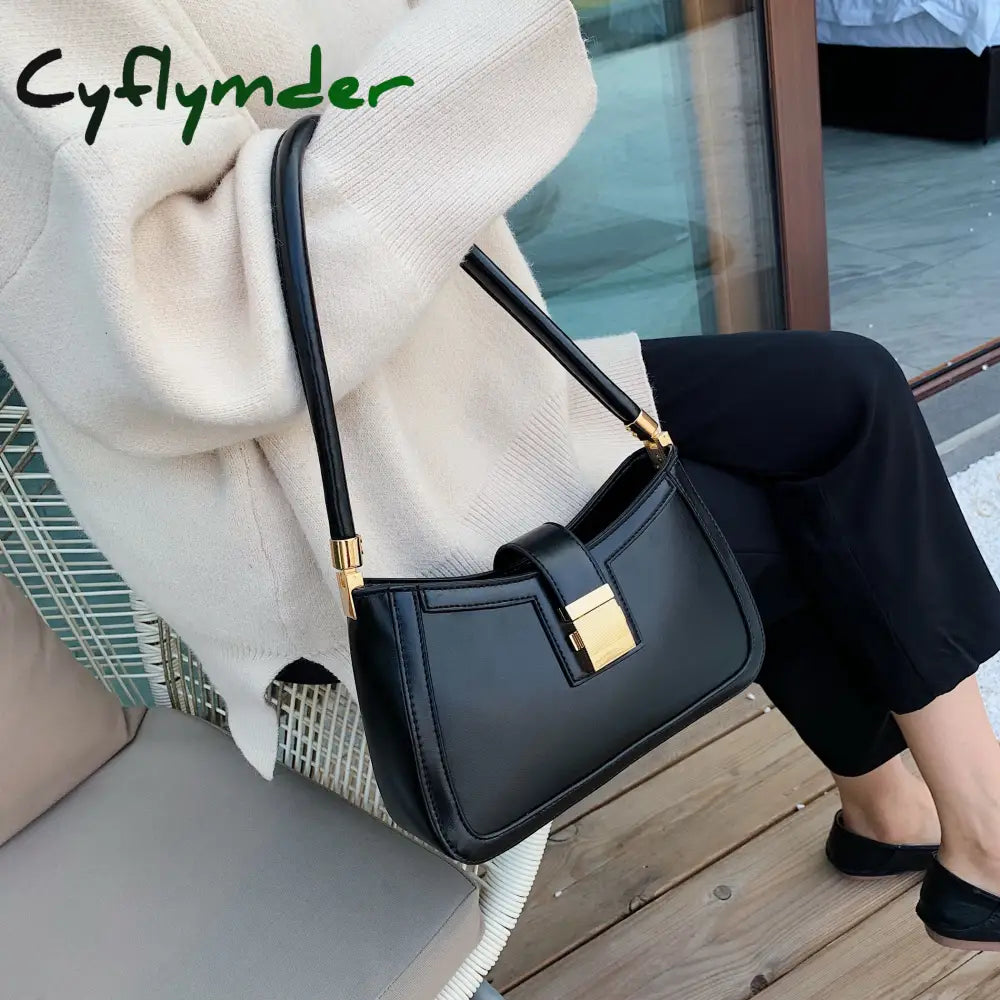 Cyflymder Solid Color Pu Leather Shoulder Bags For Women Hit Lock Handbags Small Travel Hand Bag