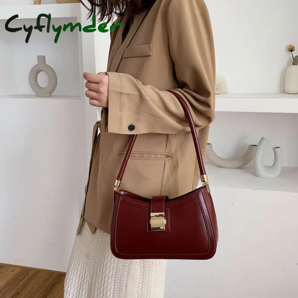 Cyflymder Solid Color Pu Leather Shoulder Bags For Women Hit Lock Handbags Small Travel Hand Bag