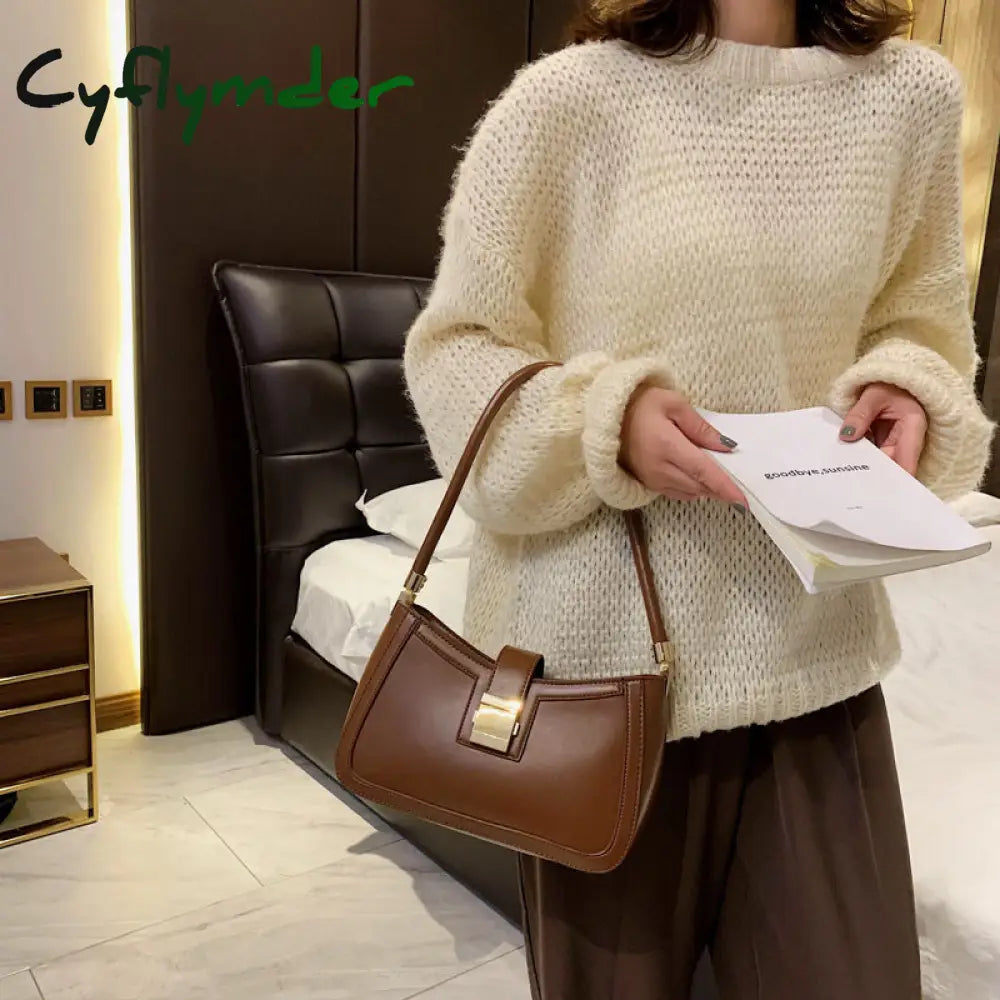 Cyflymder Solid Color Pu Leather Shoulder Bags For Women Hit Lock Handbags Small Travel Hand Bag