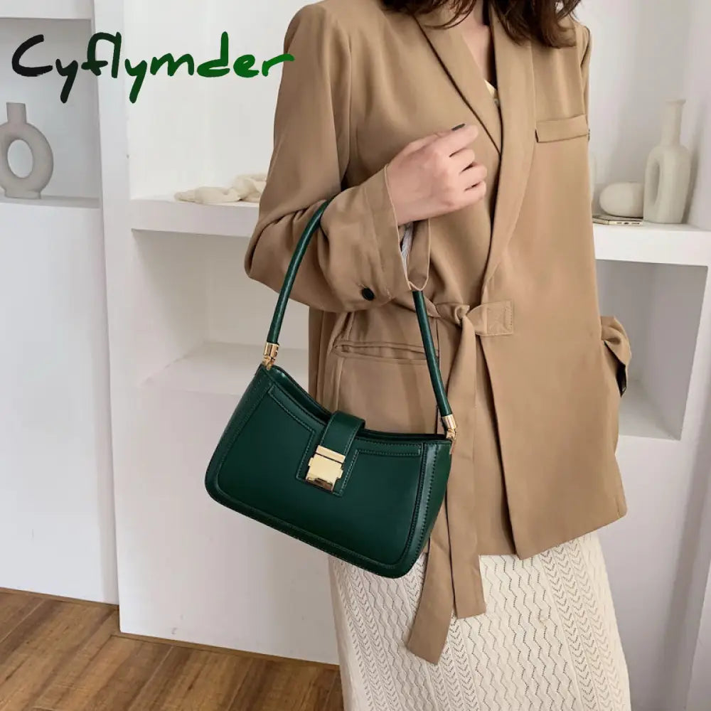 Cyflymder Solid Color Pu Leather Shoulder Bags For Women Hit Lock Handbags Small Travel Hand Bag