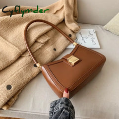 Cyflymder Solid Color Pu Leather Shoulder Bags For Women Hit Lock Handbags Small Travel Hand Bag