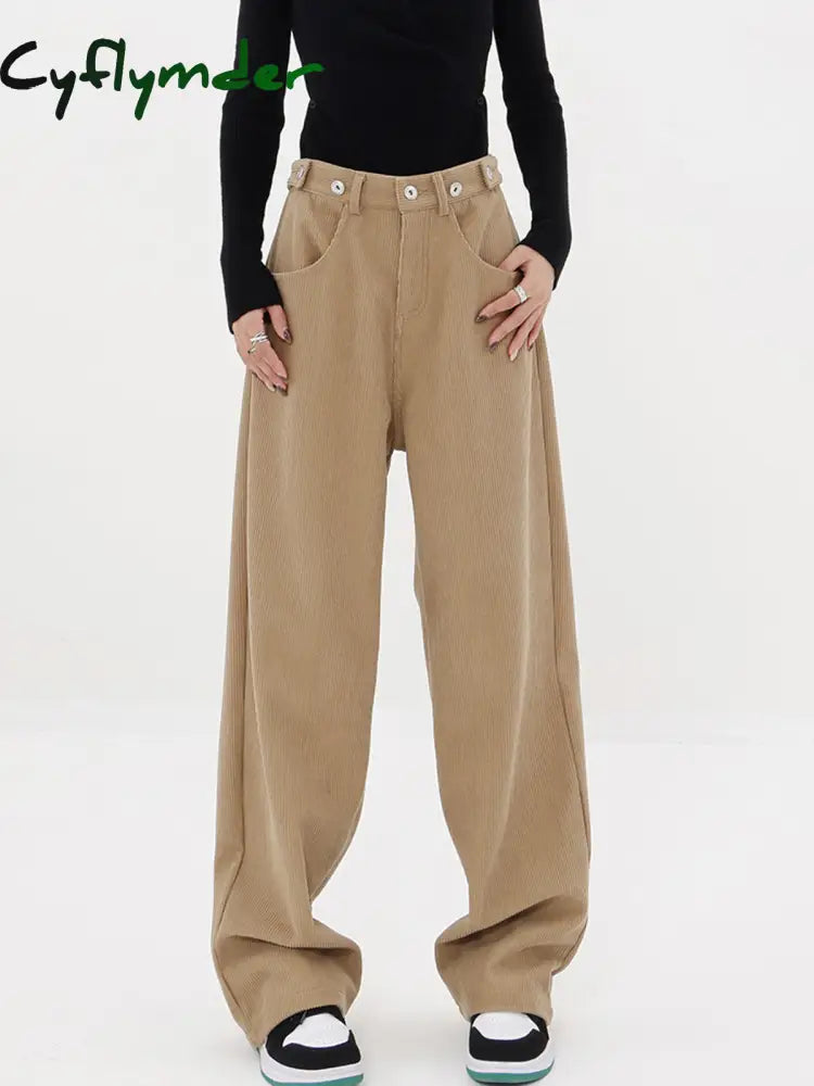 Cyflymder- Solid Corduroy Baggy Wide Leg Pants Khaki / Xs