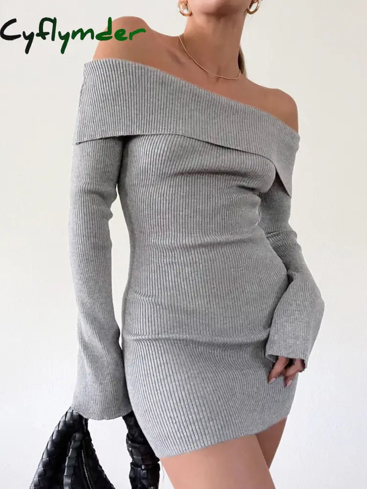 Cyflymder - Solid Off Shoulder Ribbed Short Dress Grey / S Dresses