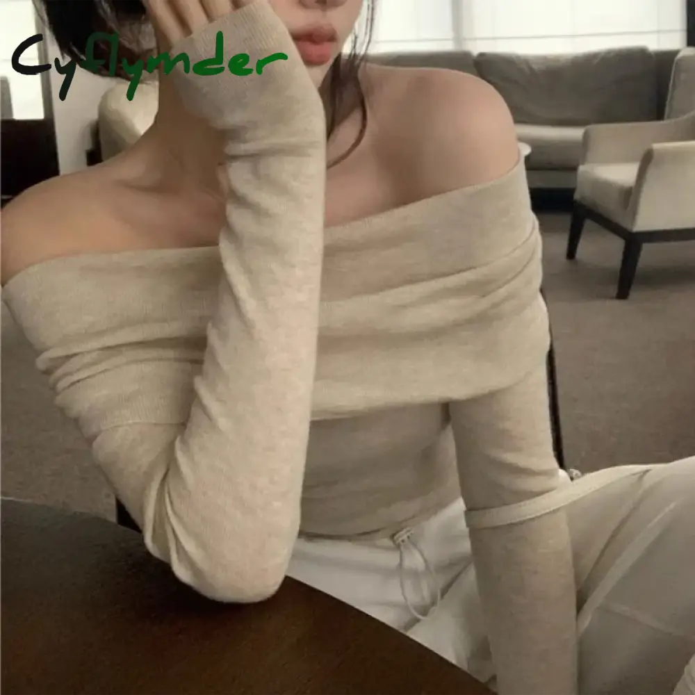 Cyflymder Solid Sexy Off Shoulder T-shirt Elegant Long Sleeve Tops Black Fashion Slim T Shirt Women Autumn Y2k Clothing