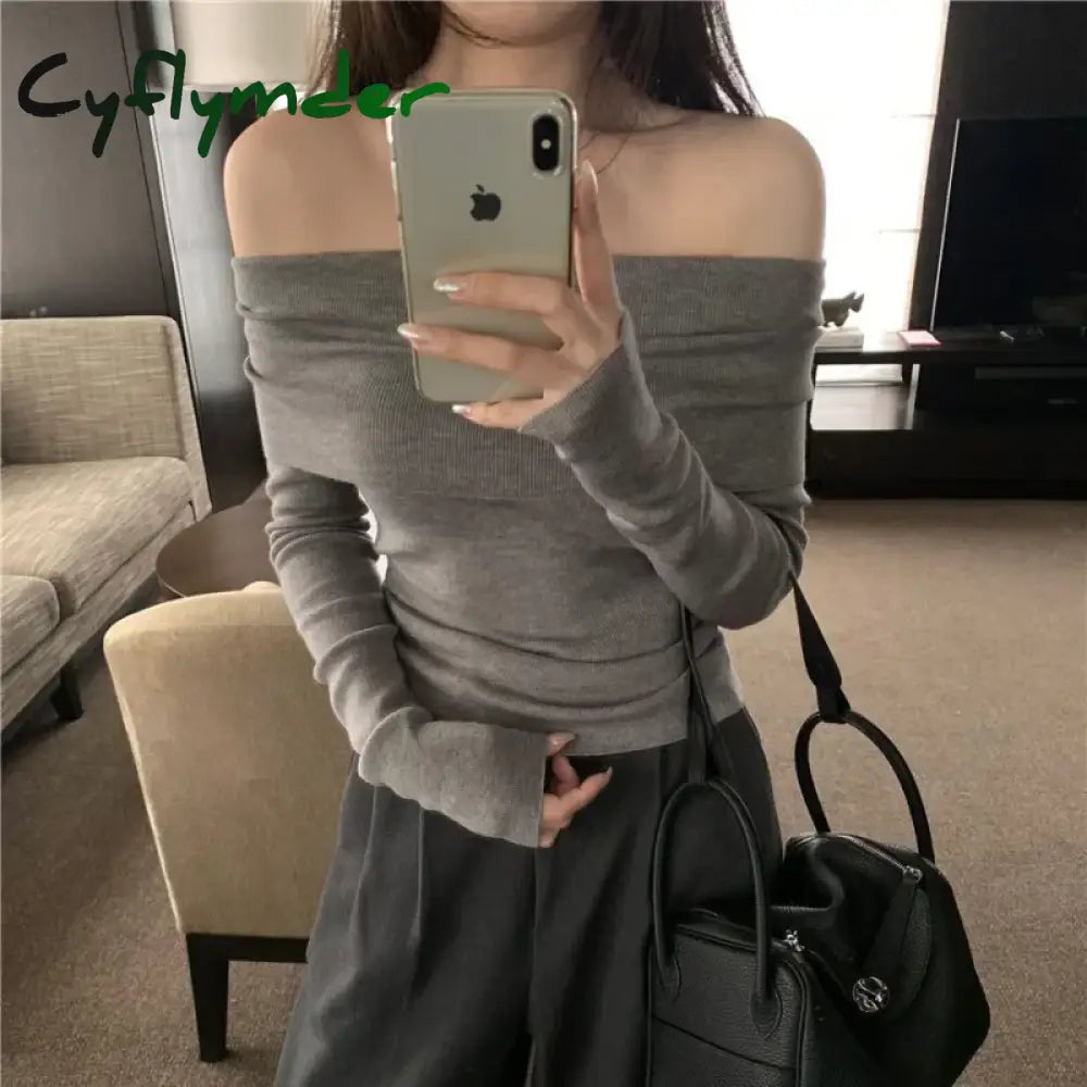 Cyflymder Solid Sexy Off Shoulder T-shirt Elegant Long Sleeve Tops Black Fashion Slim T Shirt Women Autumn Y2k Clothing