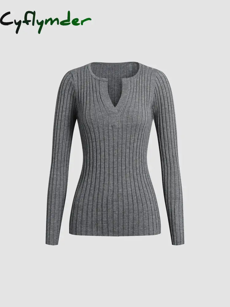 Cyflymder - Solid Textured V-Neck Knit Top Tops