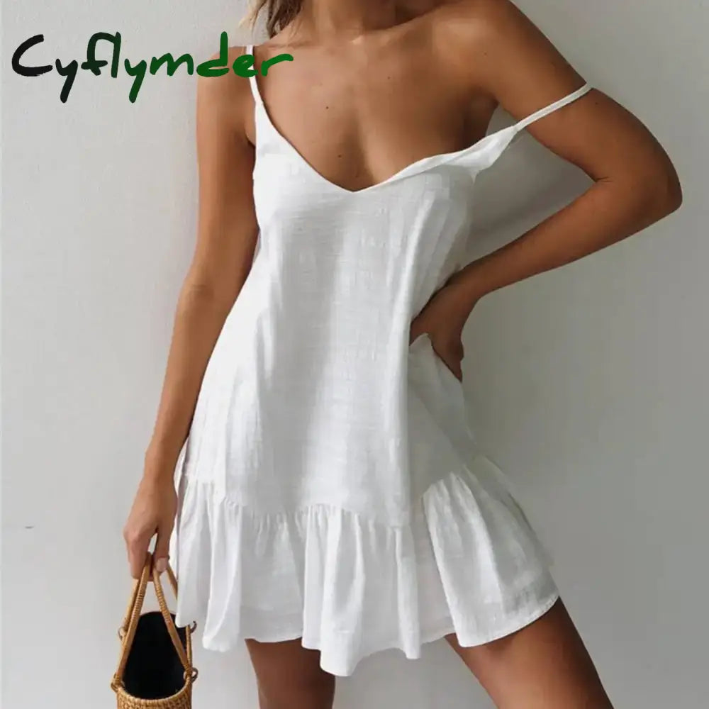 Cyflymder Spaghetti Strap Dresses Off Shoulder Women Summer Dress White Shift Ruffle Sexy Sundress