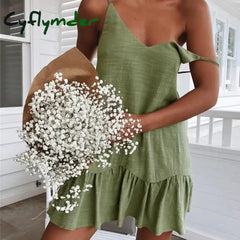 Cyflymder Spaghetti Strap Dresses Off Shoulder Women Summer Dress White Shift Ruffle Sexy Sundress