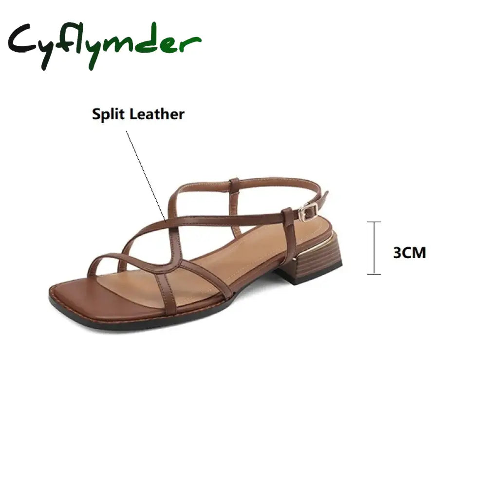Cyflymder Split Leather Summer Sandals Square Toe Cowhide Roman Shoes Women Handmade Low Heel For