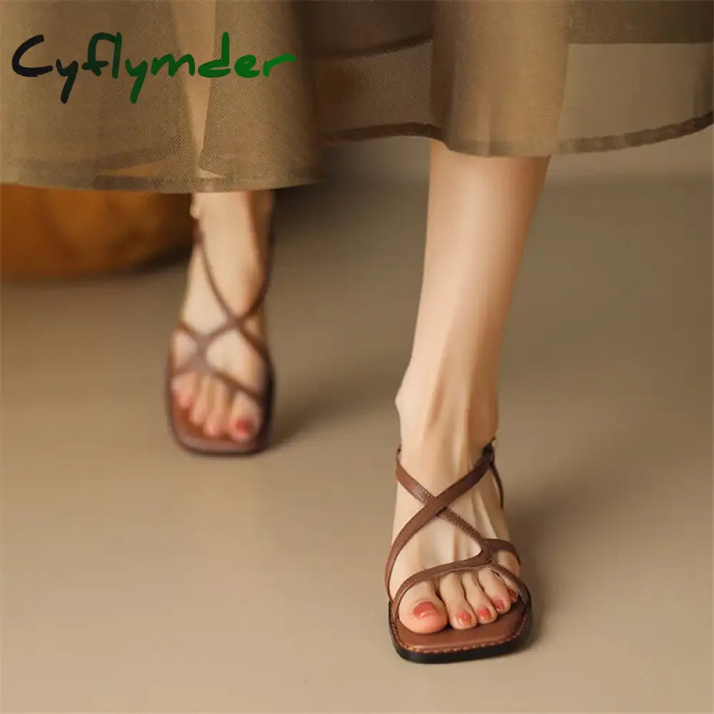 Cyflymder Split Leather Summer Sandals Square Toe Cowhide Roman Shoes Women Handmade Low Heel For