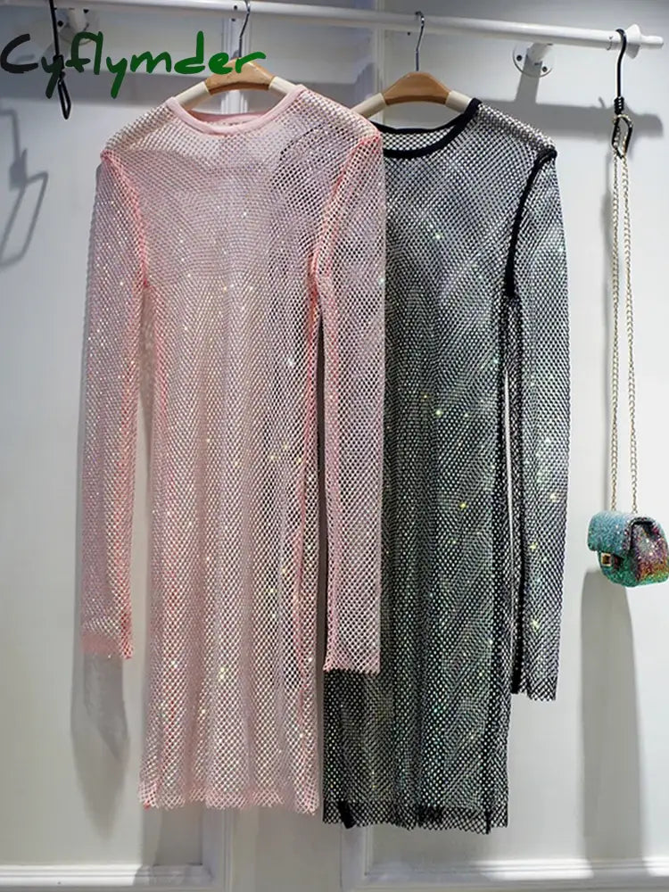 Cyflymder Spring And Summer New Shiny Full Diamond Slim Mid-Length Dress See-Through Hollow Evening
