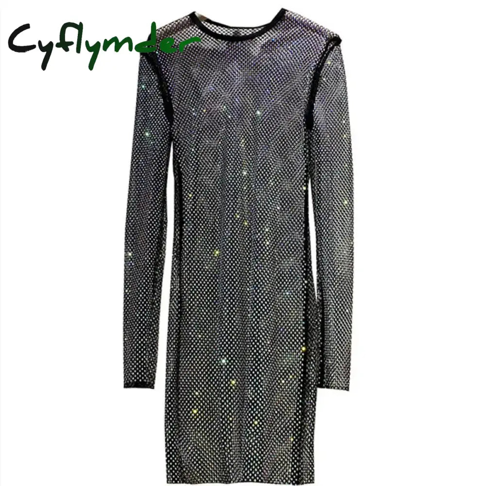 Cyflymder Spring And Summer New Shiny Full Diamond Slim Mid-Length Dress See-Through Hollow Evening