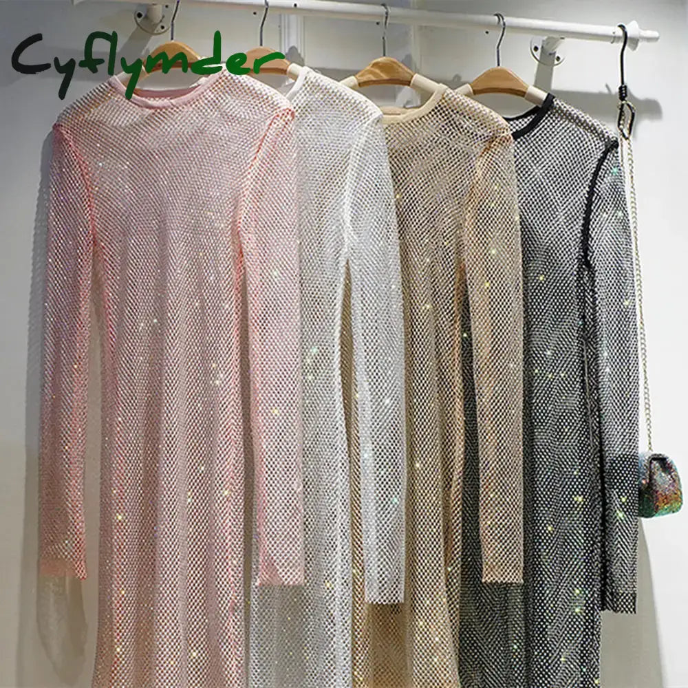 Cyflymder Spring And Summer New Shiny Full Diamond Slim Mid-Length Dress See-Through Hollow Evening