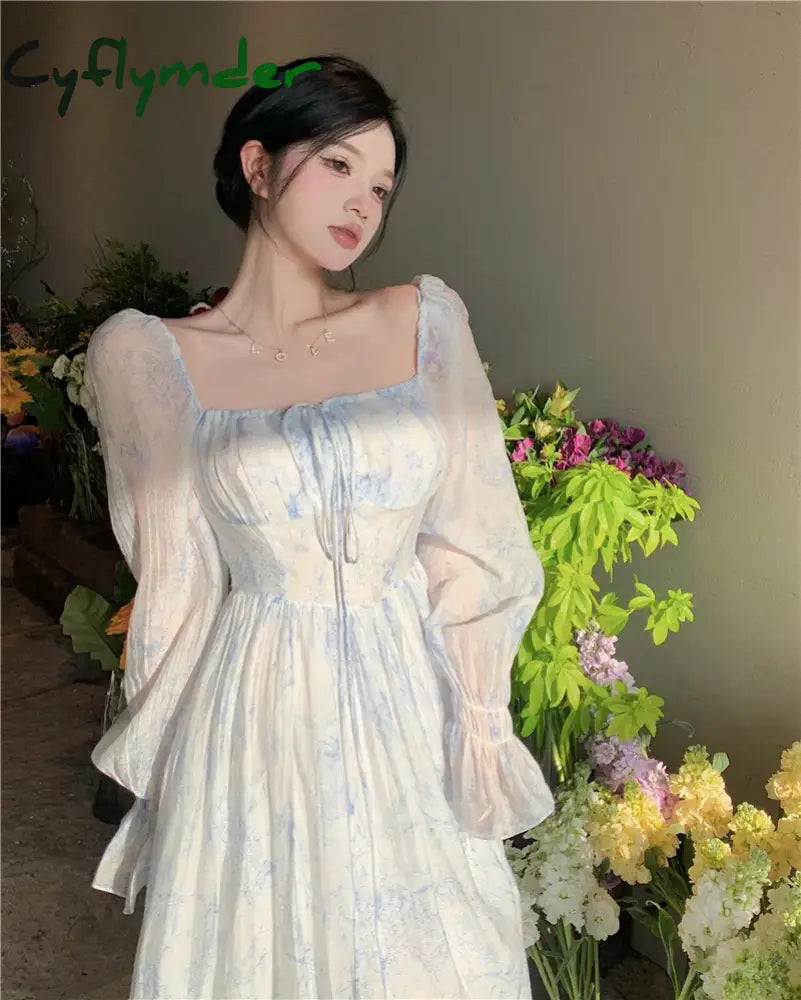 Cyflymder Spring And Summer Square Collar Blue Elegant French Retro Long-Sleeved Princess Prom