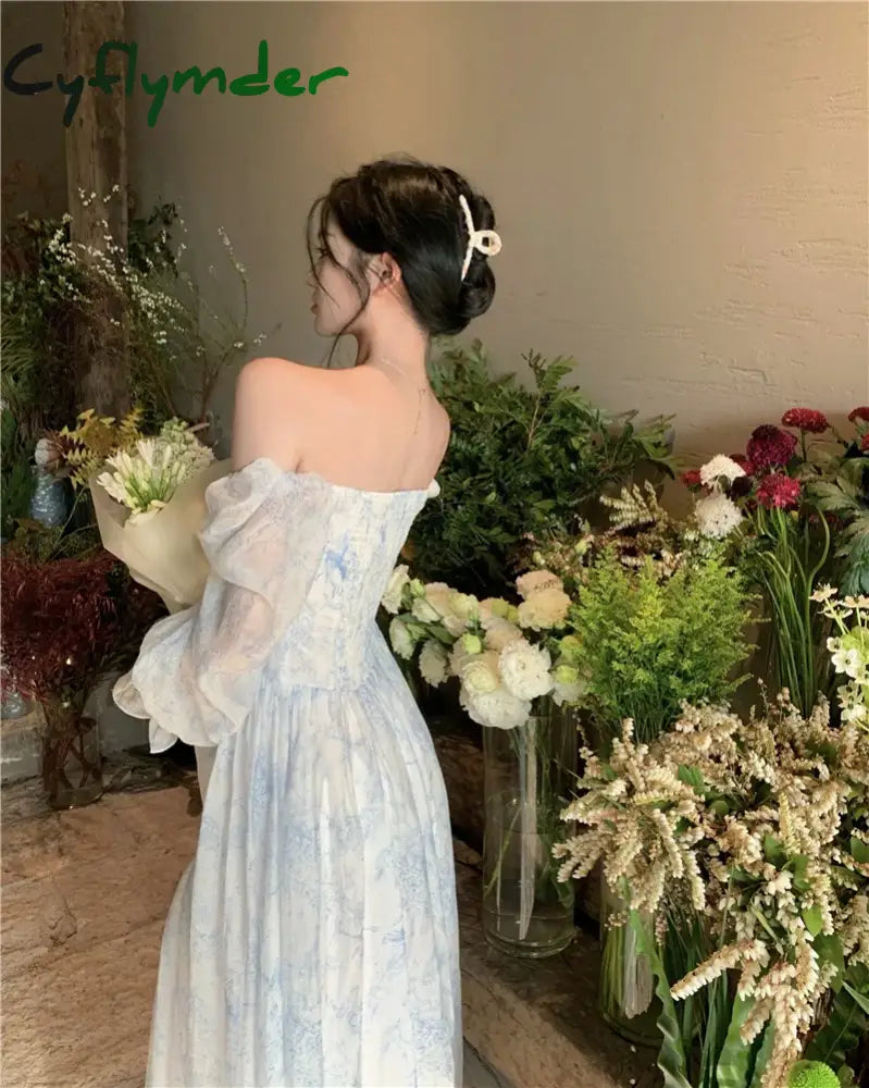 Cyflymder Spring And Summer Square Collar Blue Elegant French Retro Long-Sleeved Princess Prom