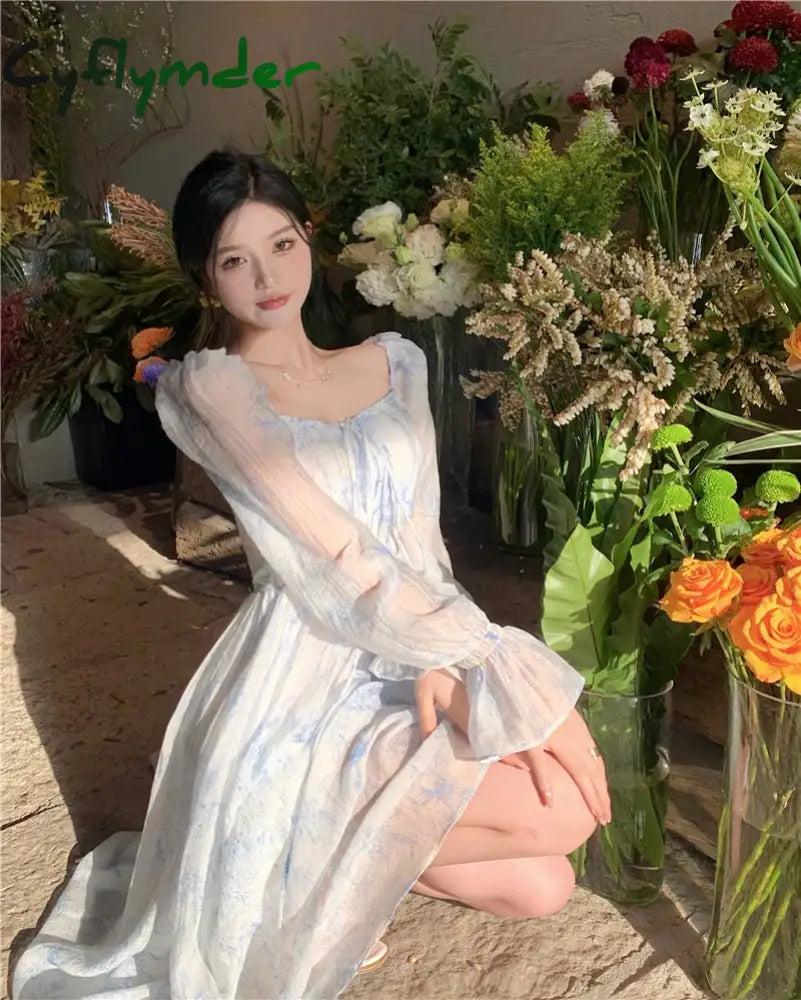 Cyflymder Spring And Summer Square Collar Blue Elegant French Retro Long-Sleeved Princess Prom