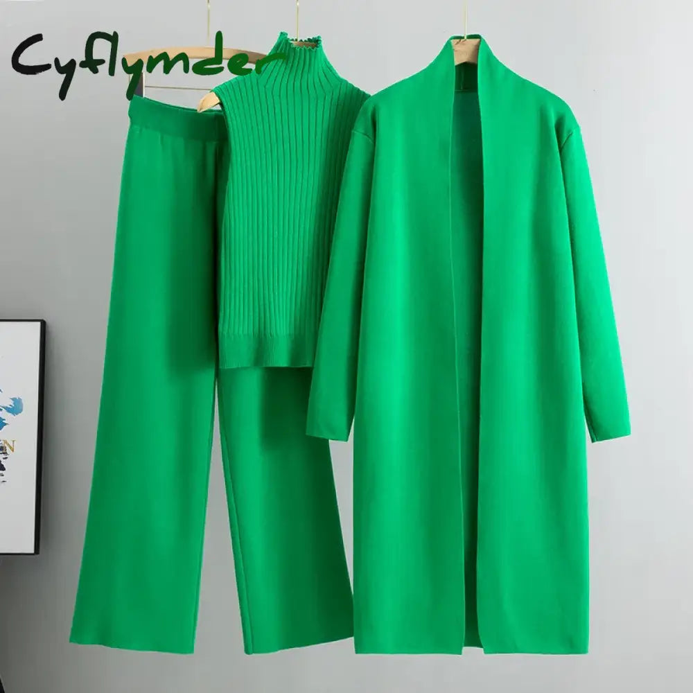 Cyflymder Spring Autumn 3 Piece Women Cardigan Tracksuits Fashion Knitted Pant Set Ladies Sweater Suit Vintage Fashion