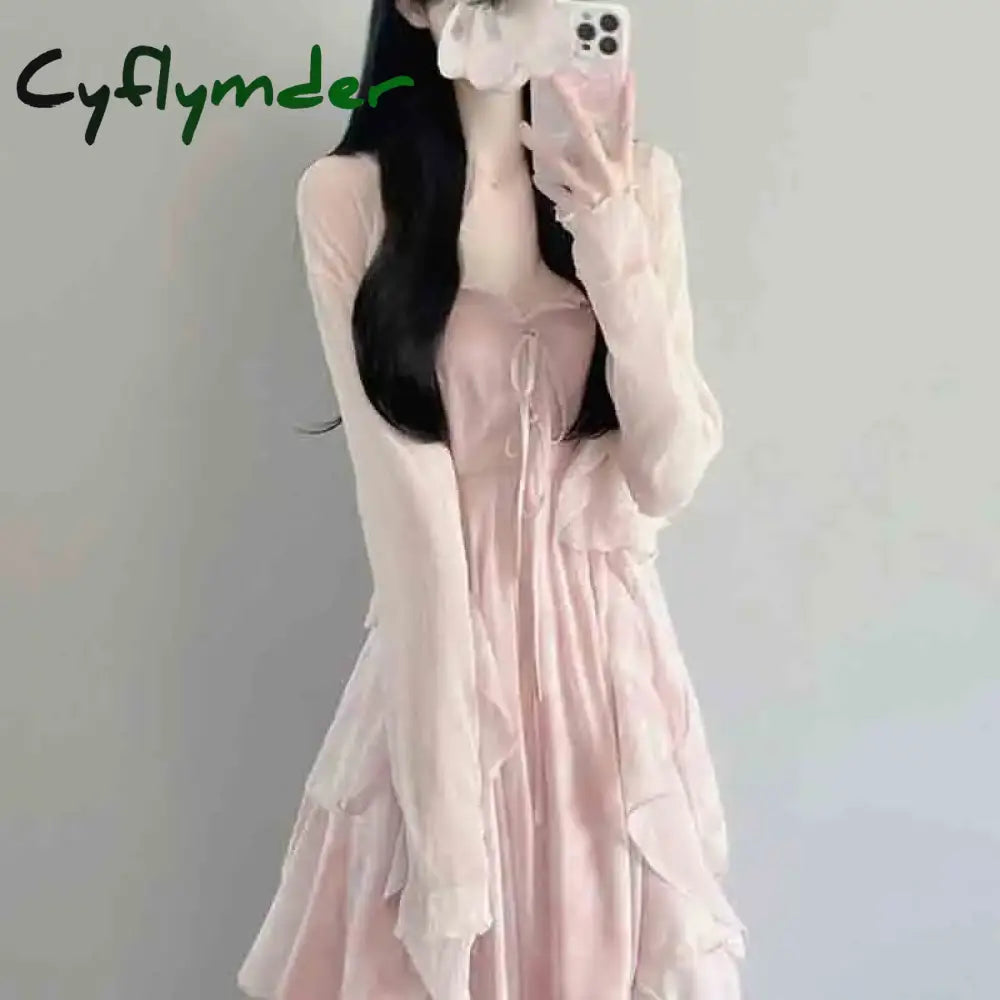 Cyflymder Spring Autumn New Sweet Girls Strap Dress Set Women Clothing Thin Coat Aesthetic Fashion