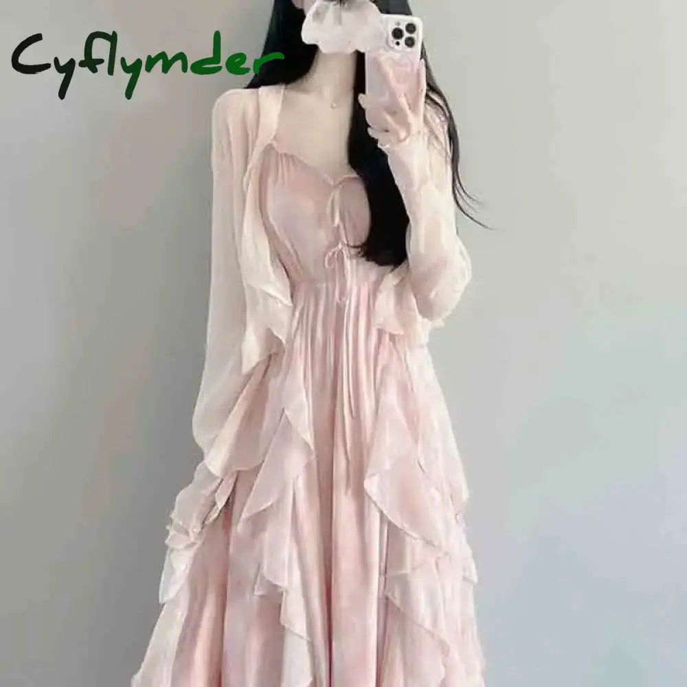 Cyflymder Spring Autumn New Sweet Girls Strap Dress Set Women Clothing Thin Coat Aesthetic Fashion