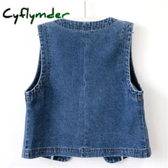 Cyflymder Spring Autumn Women’s Short Denim Vest Jacket Single Breasted Korean Slim Casual Jeans