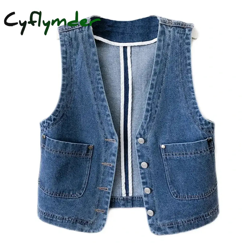 Women's Short Denim Vest Jacket Single Breasted Korean Slim Casual Jeans Vest Female Waistcoat Tops Chaleco Mujer