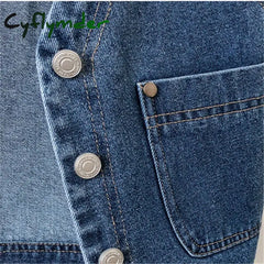 Cyflymder Spring Autumn Women’s Short Denim Vest Jacket Single Breasted Korean Slim Casual Jeans