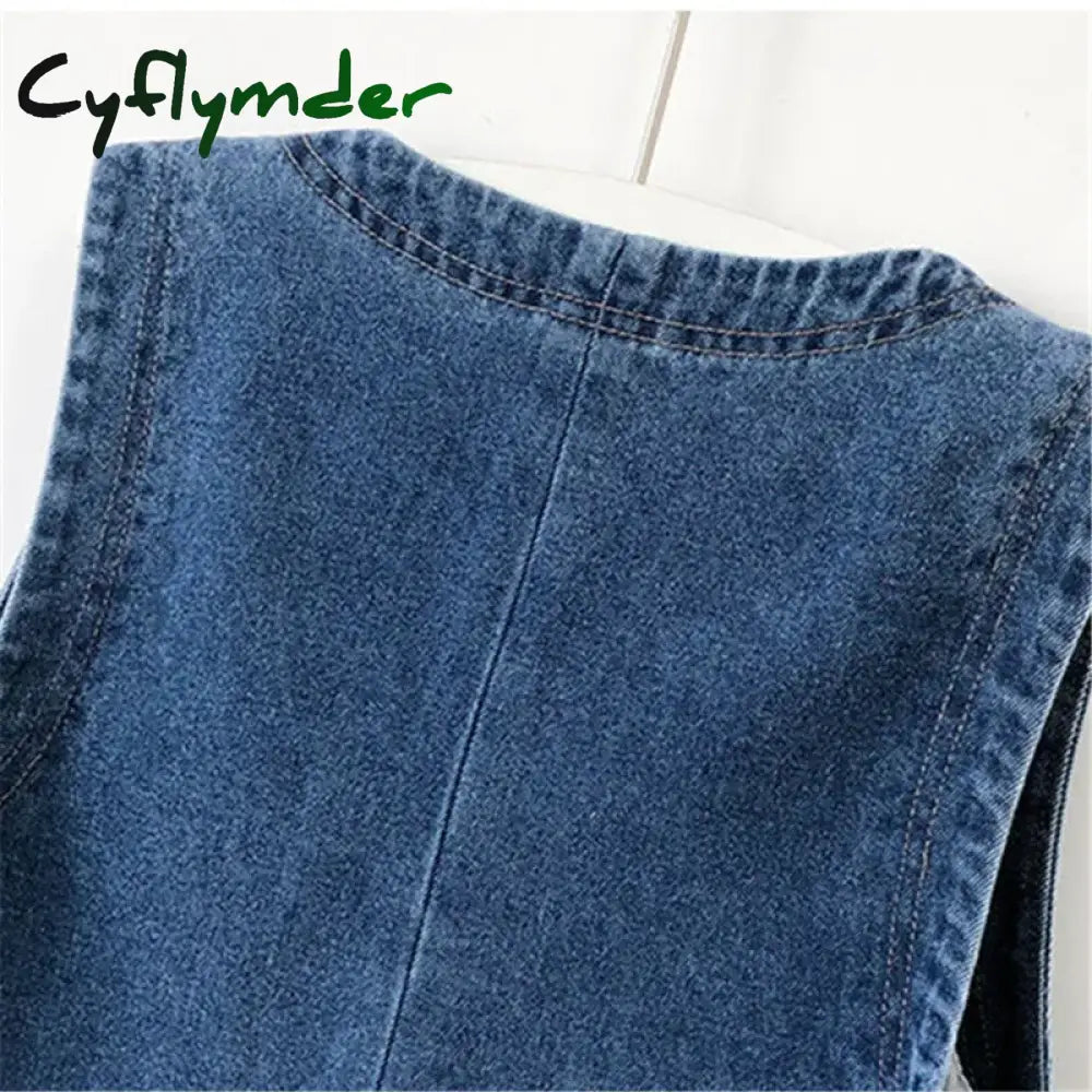 Cyflymder Spring Autumn Women’s Short Denim Vest Jacket Single Breasted Korean Slim Casual Jeans