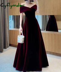 Cyflymder Spring Long Luxury Elegant Wine Red Soft Velvet Evening Party Wedding Dresses For Women