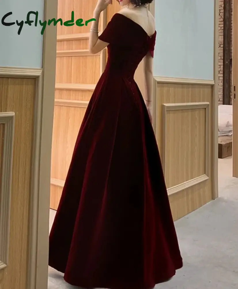 Cyflymder Spring Long Luxury Elegant Wine Red Soft Velvet Evening Party Wedding Dresses For Women