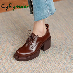 Cyflymder Spring New Genuine Leather Platform Shoes Casual Round Toe Woman Chunky Heel Lace-Up