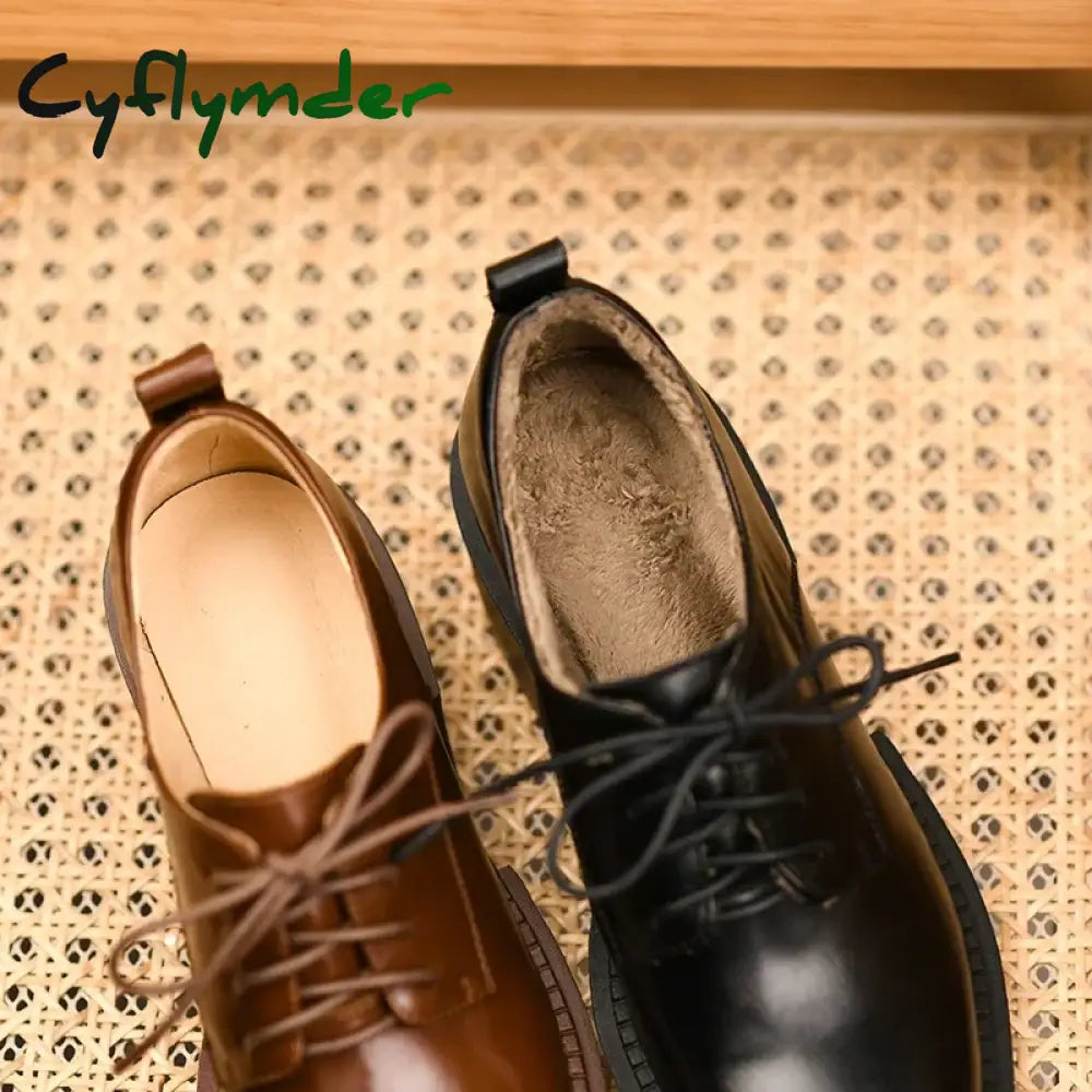 Cyflymder Spring New Genuine Leather Platform Shoes Casual Round Toe Woman Chunky Heel Lace-Up