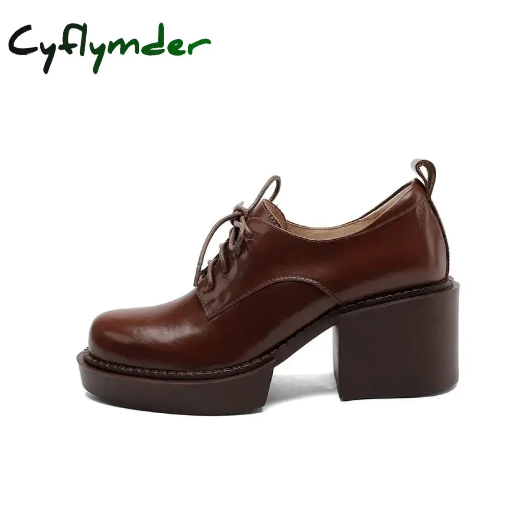 Cyflymder Spring New Genuine Leather Platform Shoes Casual Round Toe Woman Chunky Heel Lace-Up