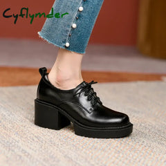 Cyflymder Spring New Genuine Leather Platform Shoes Casual Round Toe Woman Chunky Heel Lace-Up