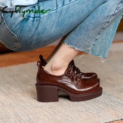 Genuine Leather Platform Shoes Casual Round Toe Shoes Woman Chunky Heel Lace-up Winter Women Shoes Zapatos Mujer