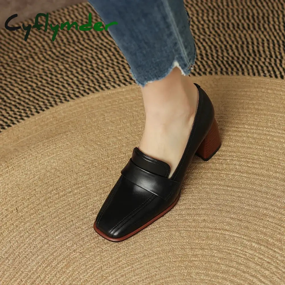 Cyflymder Spring New Genuine Leather Women Shoes Leisure Slip-On Shallow Pumps Square Toe Heels