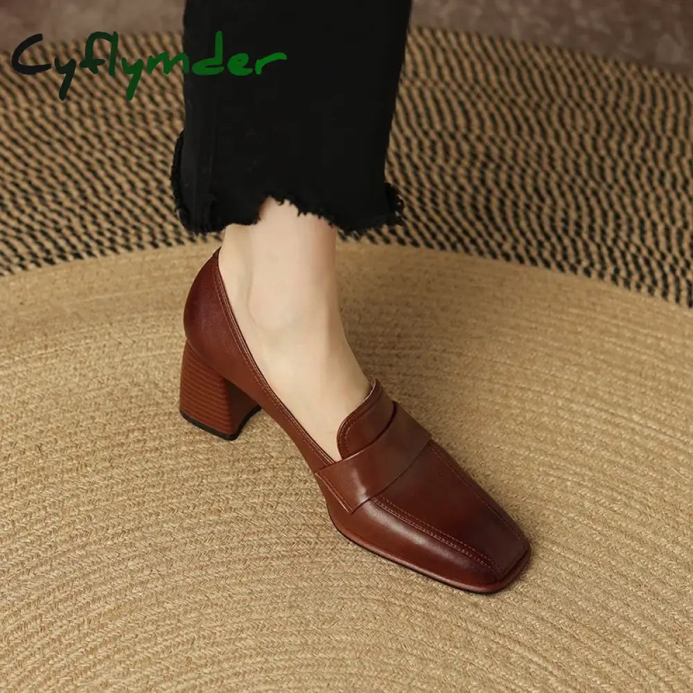 Cyflymder Spring New Genuine Leather Women Shoes Leisure Slip-On Shallow Pumps Square Toe Heels