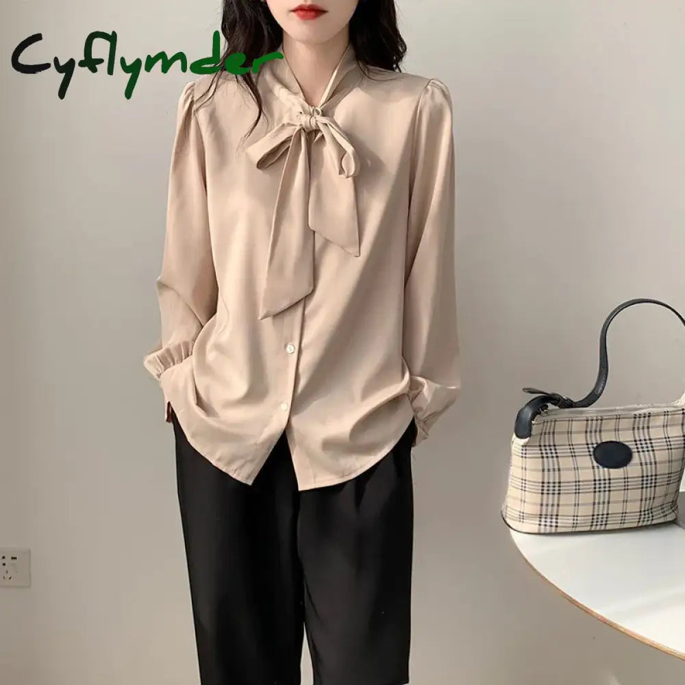 Cyflymder Spring Solid Shirts Women Elegant Long Sleeve Bow Simple Chiffon Blouses Office Lady