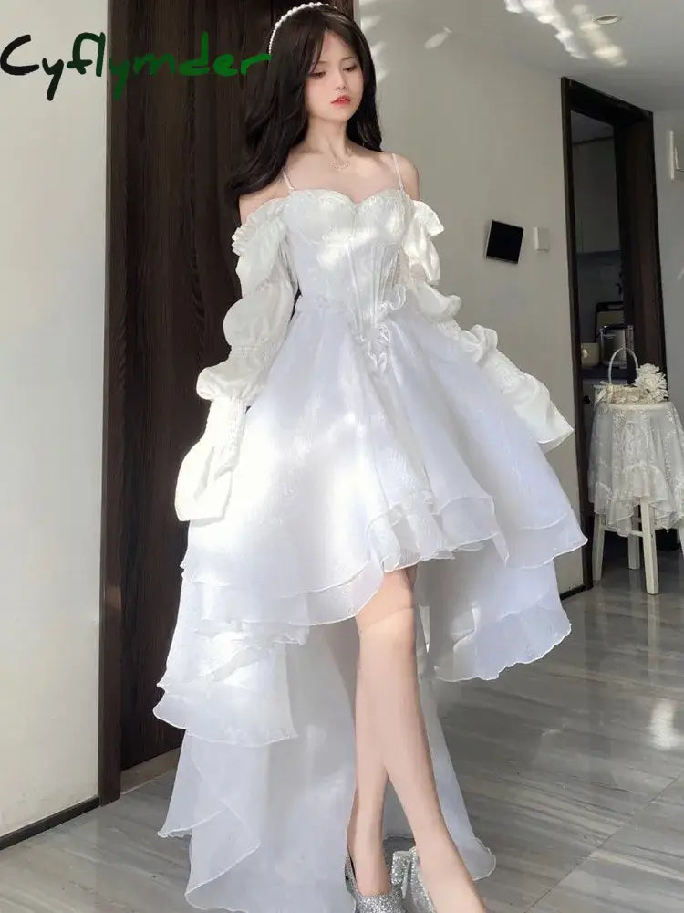 Spring Summer Elegant Off Shoulder Fairy Wedding Dress Female Chic Princess Puff Dress Mesh Birthday Party Outfits For Women