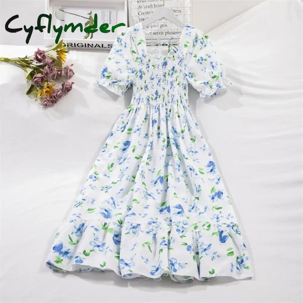 Cyflymder Spring Summer Short Sleeve Chiffon Dresses Fashion Female Elastic Waist Pleated Casual
