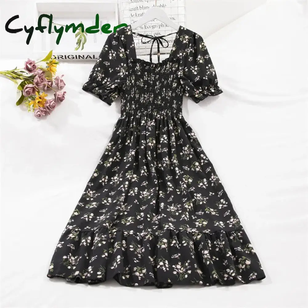 Cyflymder Spring Summer Short Sleeve Chiffon Dresses Fashion Female Elastic Waist Pleated Casual