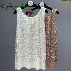 Cyflymder Spring/Summer Sleeveless Loose Tank Top Wear Trend Sequins Glitter Large Size Medium Long