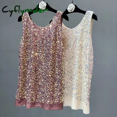 Cyflymder Spring/Summer Sleeveless Loose Tank Top Wear Trend Sequins Glitter Large Size Medium Long