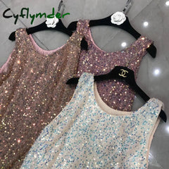 Cyflymder Spring/Summer Sleeveless Loose Tank Top Wear Trend Sequins Glitter Large Size Medium Long