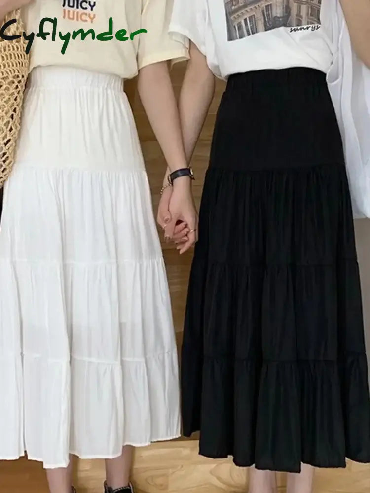 Cyflymder Spring Summer Women Chiffon Skirts Vintage High Waist Elastic Patchwork White Black Chic