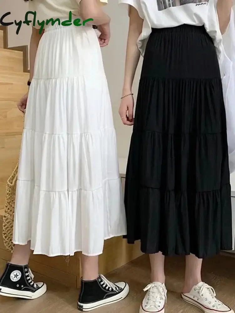 Cyflymder Spring Summer Women Chiffon Skirts Vintage High Waist Elastic Patchwork White Black Chic