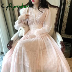 Cyflymder Spring Summer Women Long Mesh Dress V Neck Stars Sequins Pink Apricot Fairy Elegant Chic