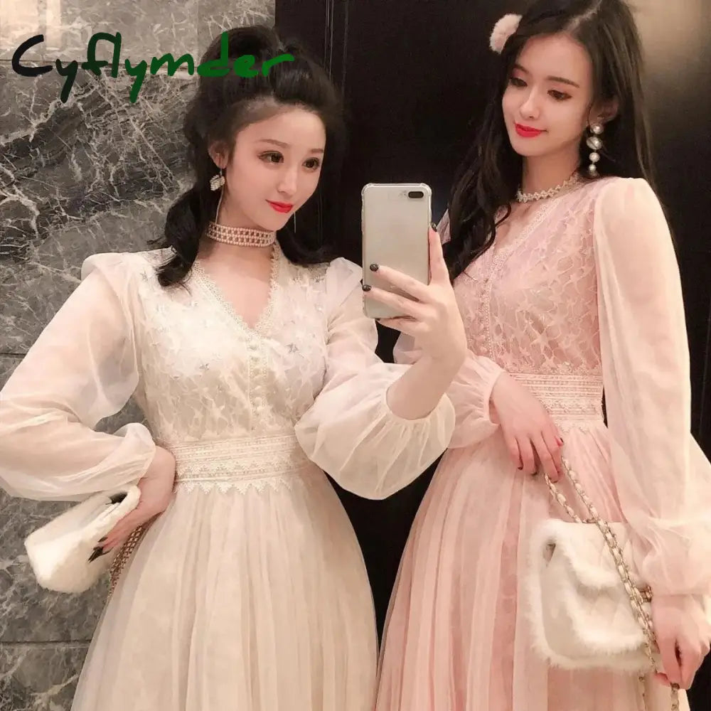 Cyflymder Spring Summer Women Long Mesh Dress V Neck Stars Sequins Pink Apricot Fairy Elegant Chic