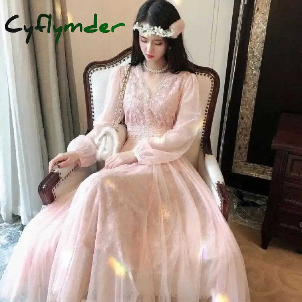 Cyflymder Spring Summer Women Long Mesh Dress V Neck Stars Sequins Pink Apricot Fairy Elegant Chic