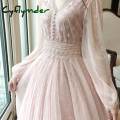 Cyflymder Spring Summer Women Long Mesh Dress V Neck Stars Sequins Pink Apricot Fairy Elegant Chic